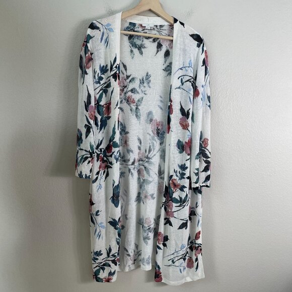 J  Jill Womens Large Floral Open Cardigan Sweater Duster Linen Blend Mid Length - Picture 6 of 9